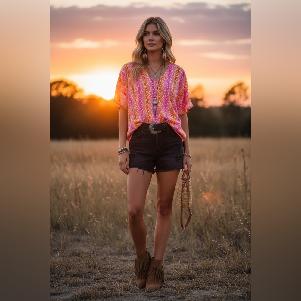 Vibrant Pink and Orange Dotted Blouse